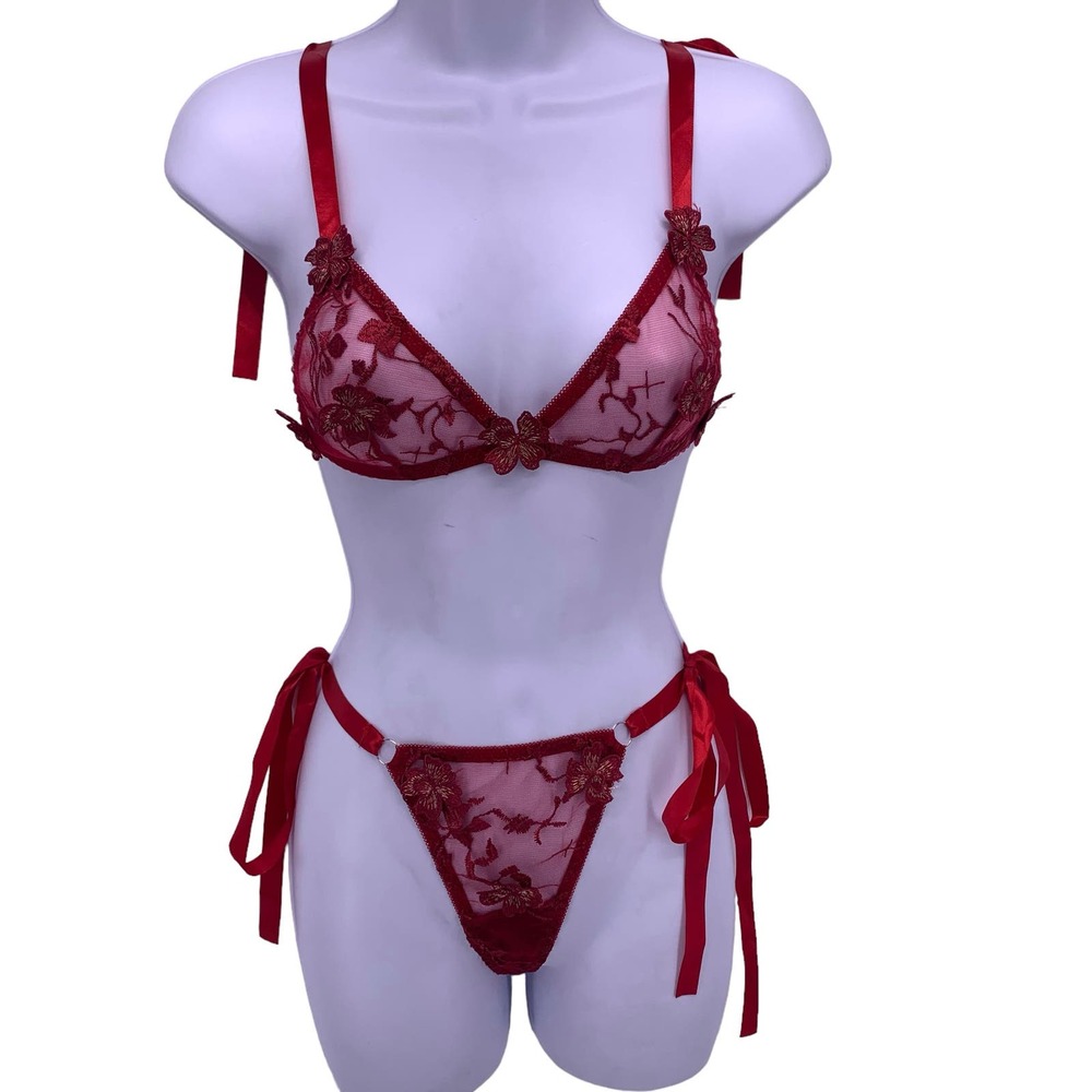 SEXY 2-Piece Floral Sheer Lacey Balconette Bra & Panty Set Womens Size S